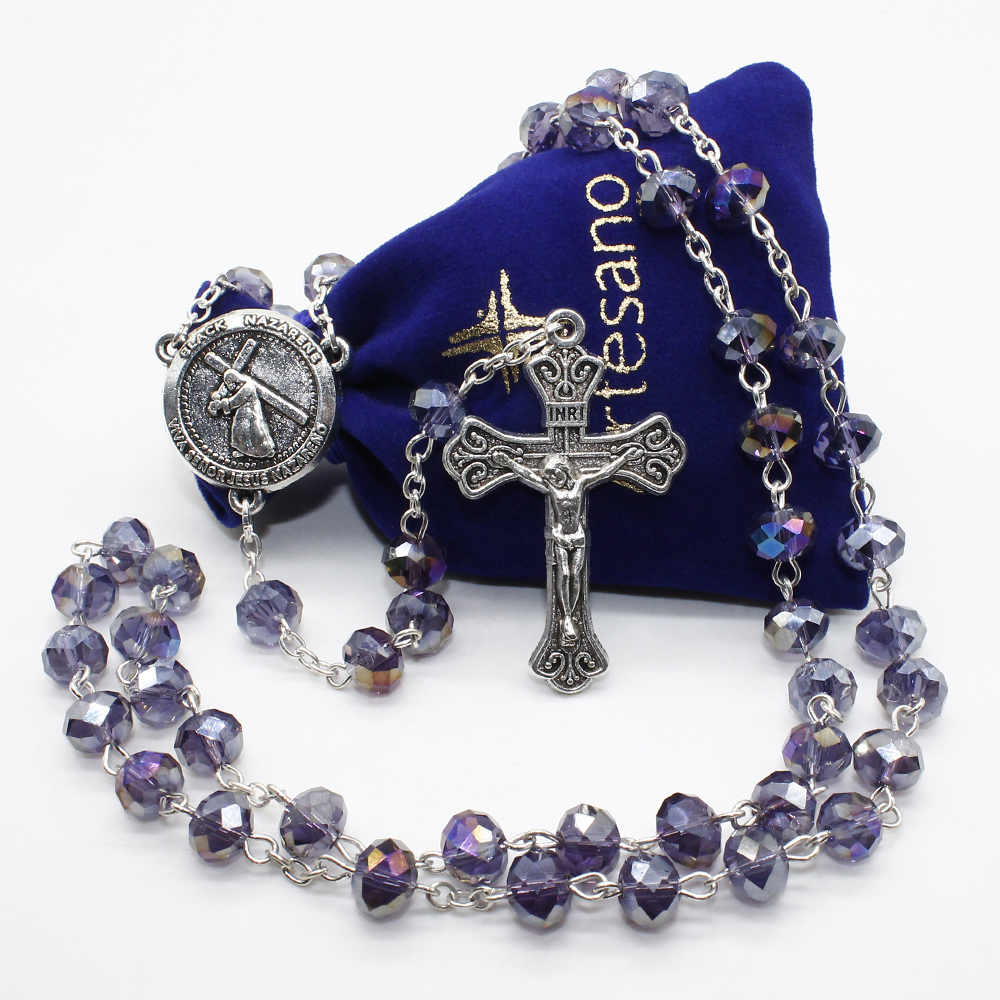 Sacred Real Crystal Catholic Rosary - Nazareno/Black Nazarene - Free Pouch - Artesano