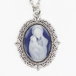 Maternal Silver Metal Cameo Catholic Medallion Necklace - Mama Mary, Mother and Child - Artesano